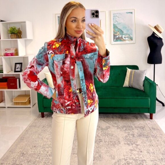 St. John Sport By Marie Gray Abstract Floral Denim Jacket - Picture 4 of 13